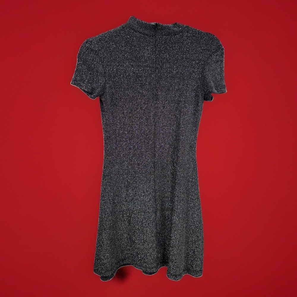 Forever 21 Black Glittery Mock Neck Short Sleeve Mini Dress Zipper Glitzy Party